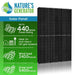 Nature's Generator 440W monocrystalline solar panel highlighting 440-watt output and renewable energy features