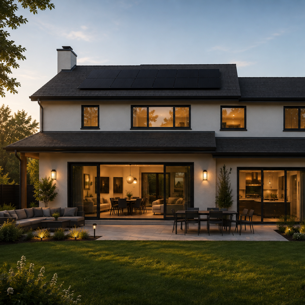 Nature's Generator 440W monocrystalline solar panels installed on a modern home for residential solar energy