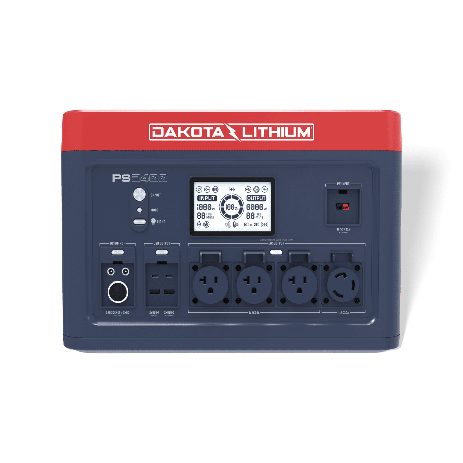 Dakota Lithium power station with multiple outlets and display on a clear background
