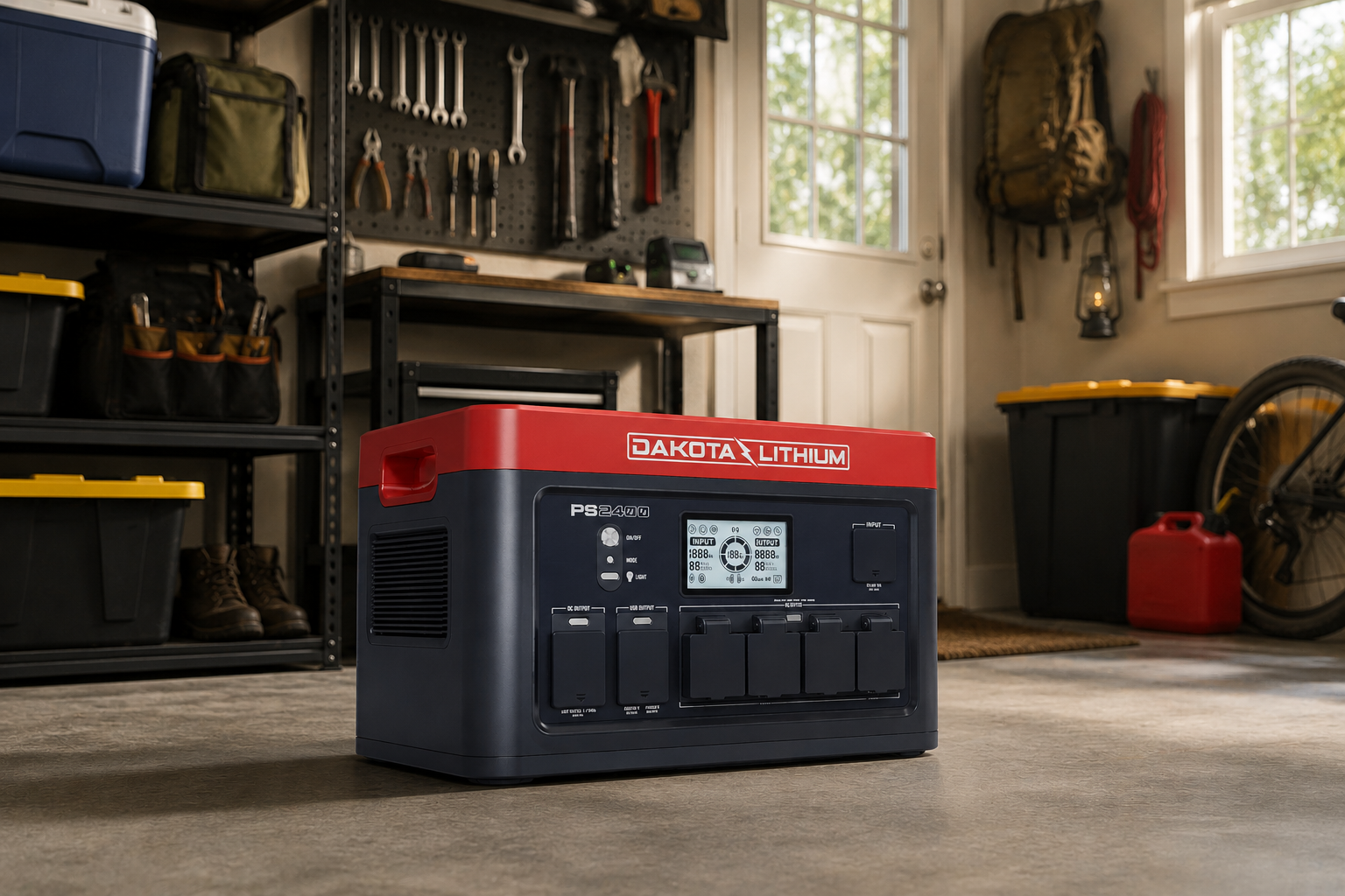 Dakota Lithium power station in a garage setting with tools and equipment.