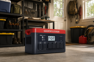 Dakota Lithium power station in a garage setting with tools and equipment.