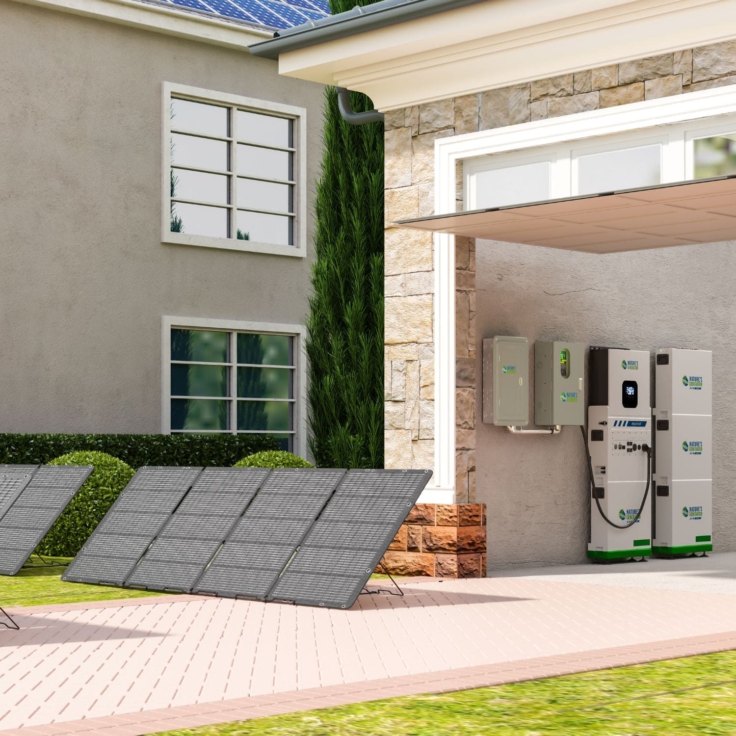 Nature's Generator MyGrid 10K Extended Runtime System installed outside a home with solar panels