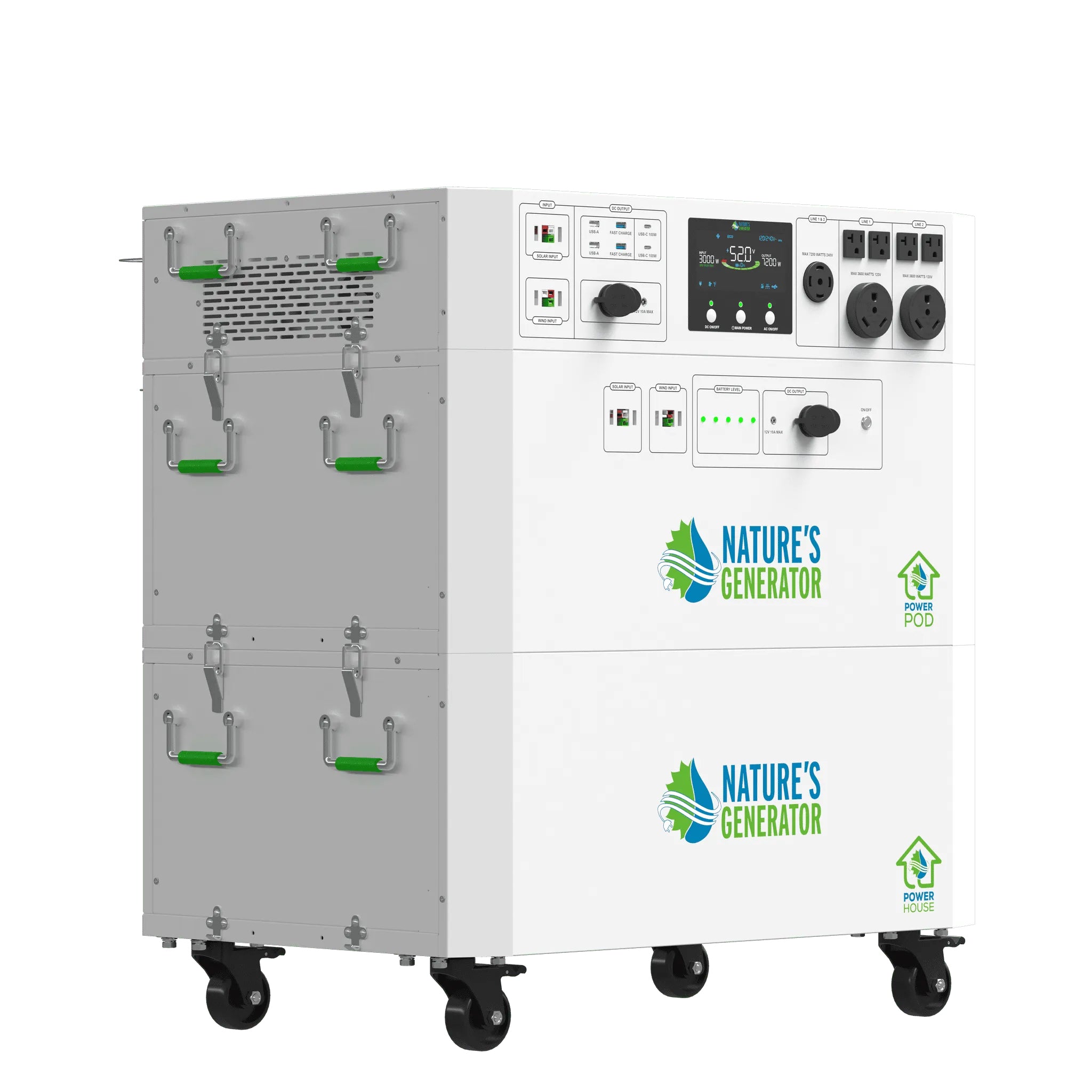 Front view of the Nature's Generator Powerhouse Gen 2 with Power Pod expansion battery