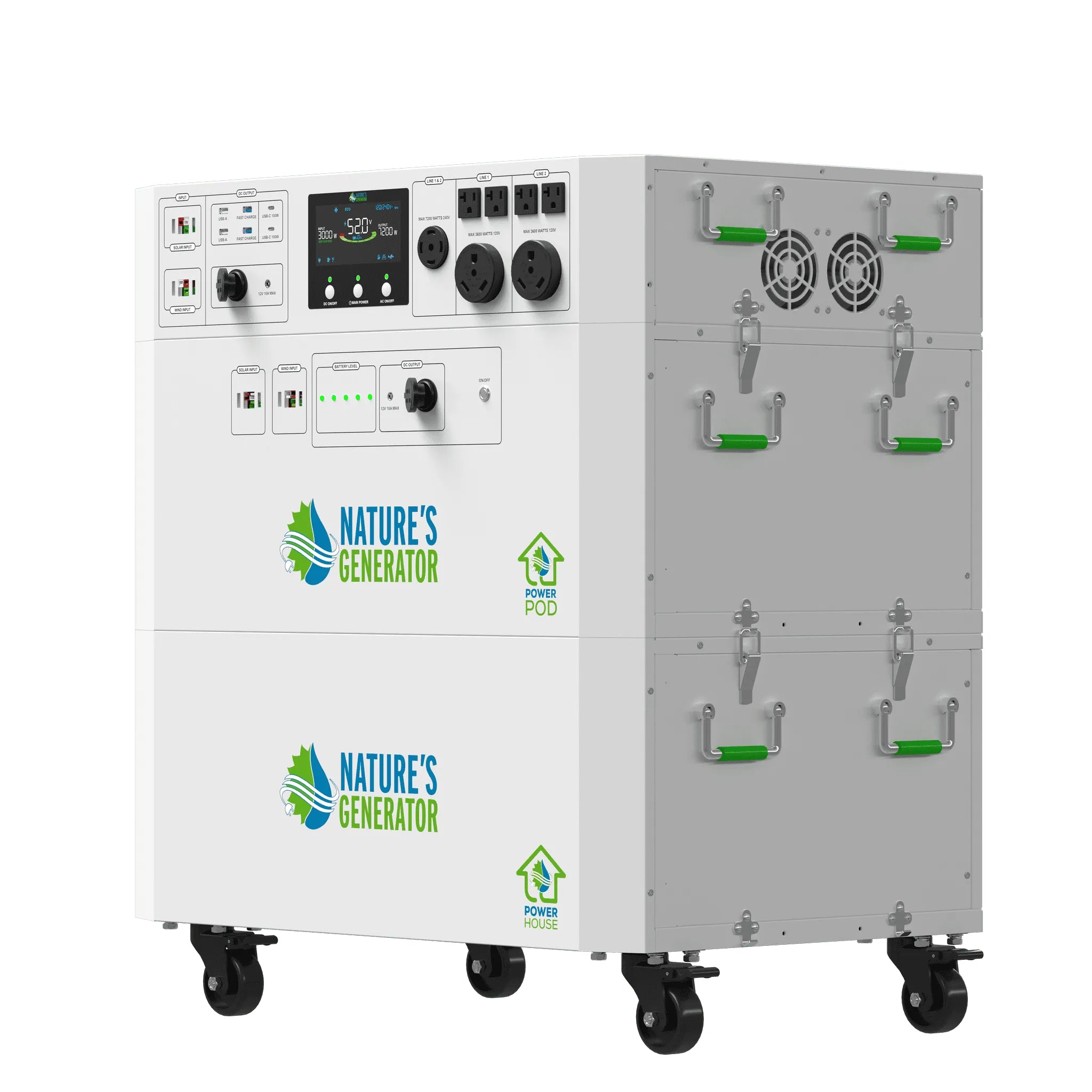 Rear view of the Nature's Generator Powerhouse Gen 2 and Power Pod backup power system