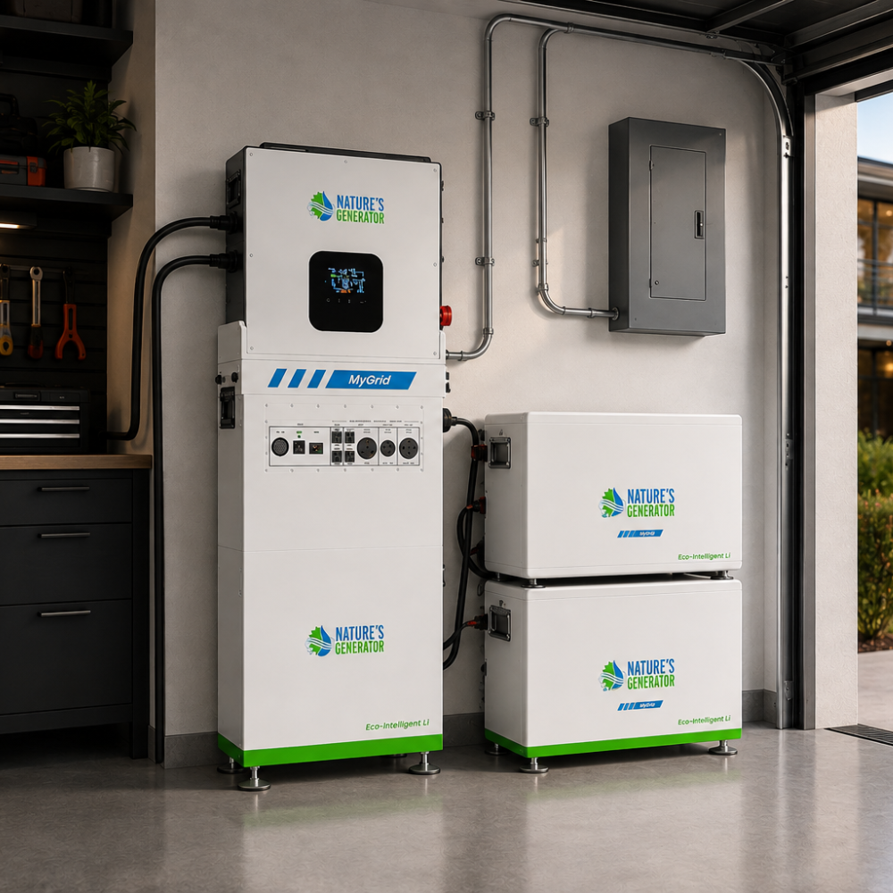 Nature's Generator MyGrid 10K whole home backup system with two MyGrid 10K Solar Batteries installed in a modern residential garage