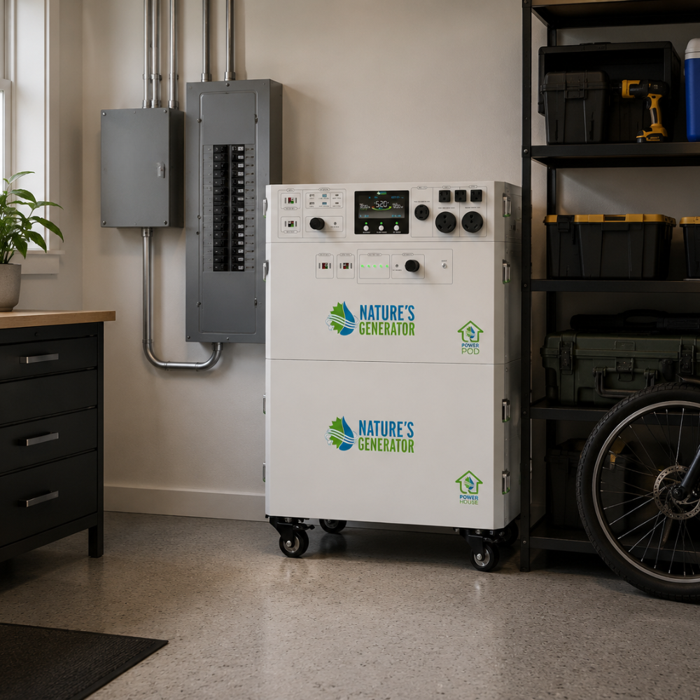 Nature's Generator Powerhouse Gen 2 whole home backup system installed with a Power Pod Expansion Battery in a residential garage