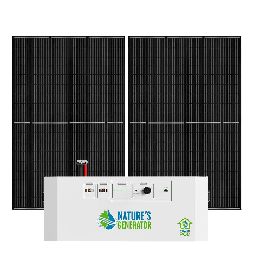 Nature's Generator Powerhouse Power Pod Expansion Battery paired with two solar panels for renewable energy charging