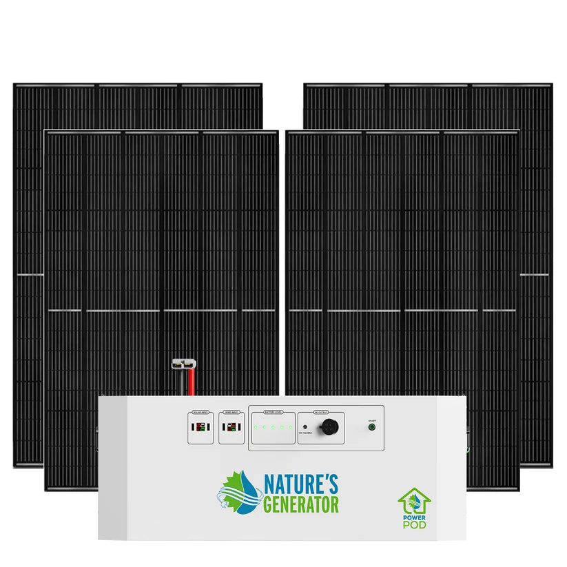 Nature's Generator Powerhouse Power Pod Expansion Battery with four compatible solar panels for whole home backup and sustainable solar recharging