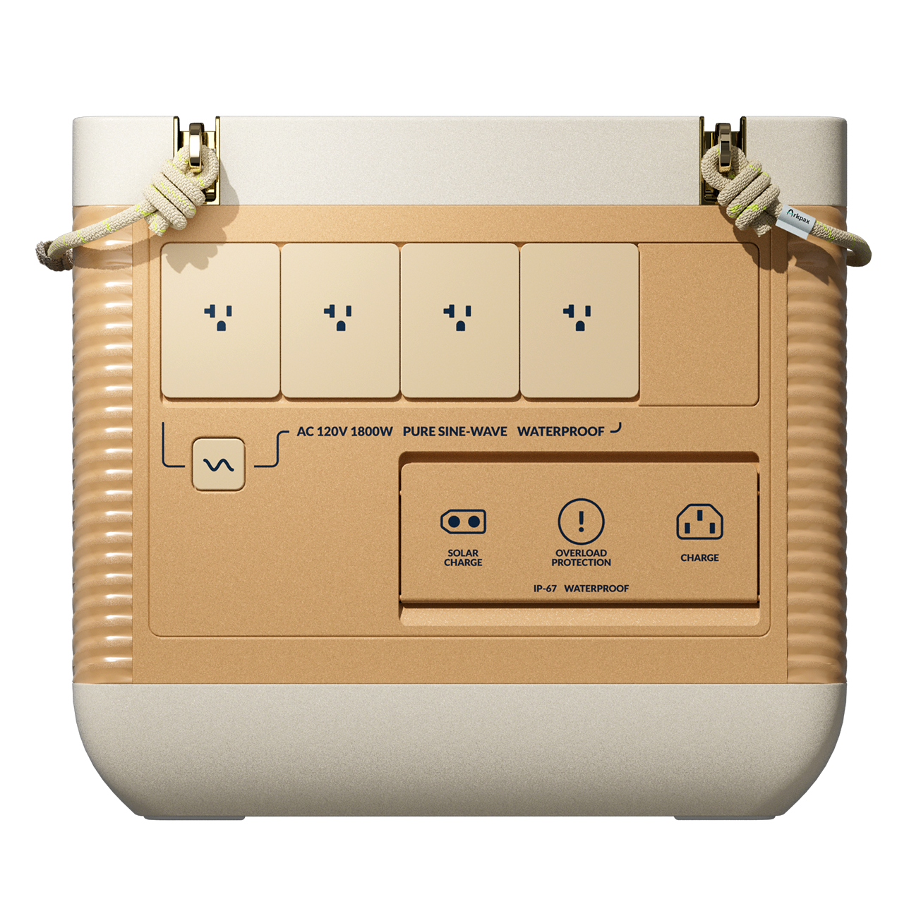 Rear view of the Arkpax Ark 1800W home backup power station showing AC outlets, USB ports and rear control panel