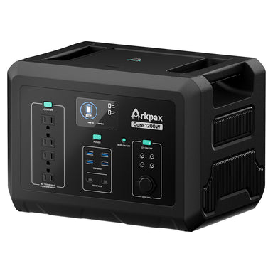 Arkpax CORE 1200 portable power station angled front view with 1024Wh LiFePO4 battery and 1200W pure sine wave inverter