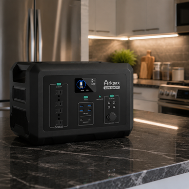 Arkpax CORE 1200 portable power station with 1024Wh LiFePO4 battery on a kitchen countertop for home backup power
