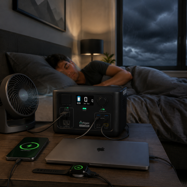 Arkpax CORE 300 portable power station charging a laptop and smartphone while powering a bedside fan during a home power outage.