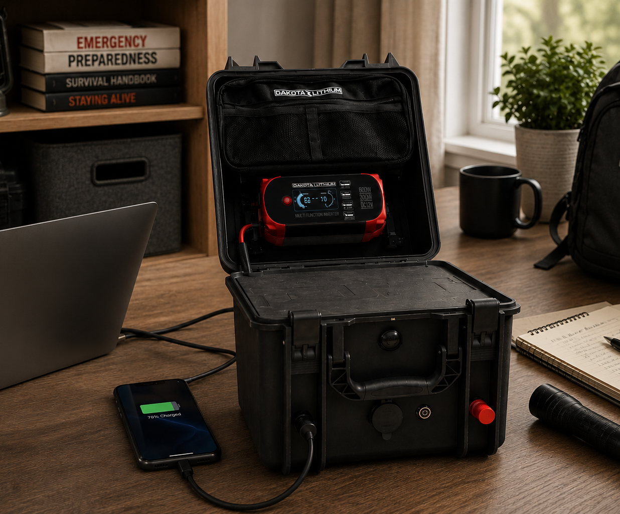 Dakota Lithium Powerbox+ 60 powering devices indoors during a home power outage