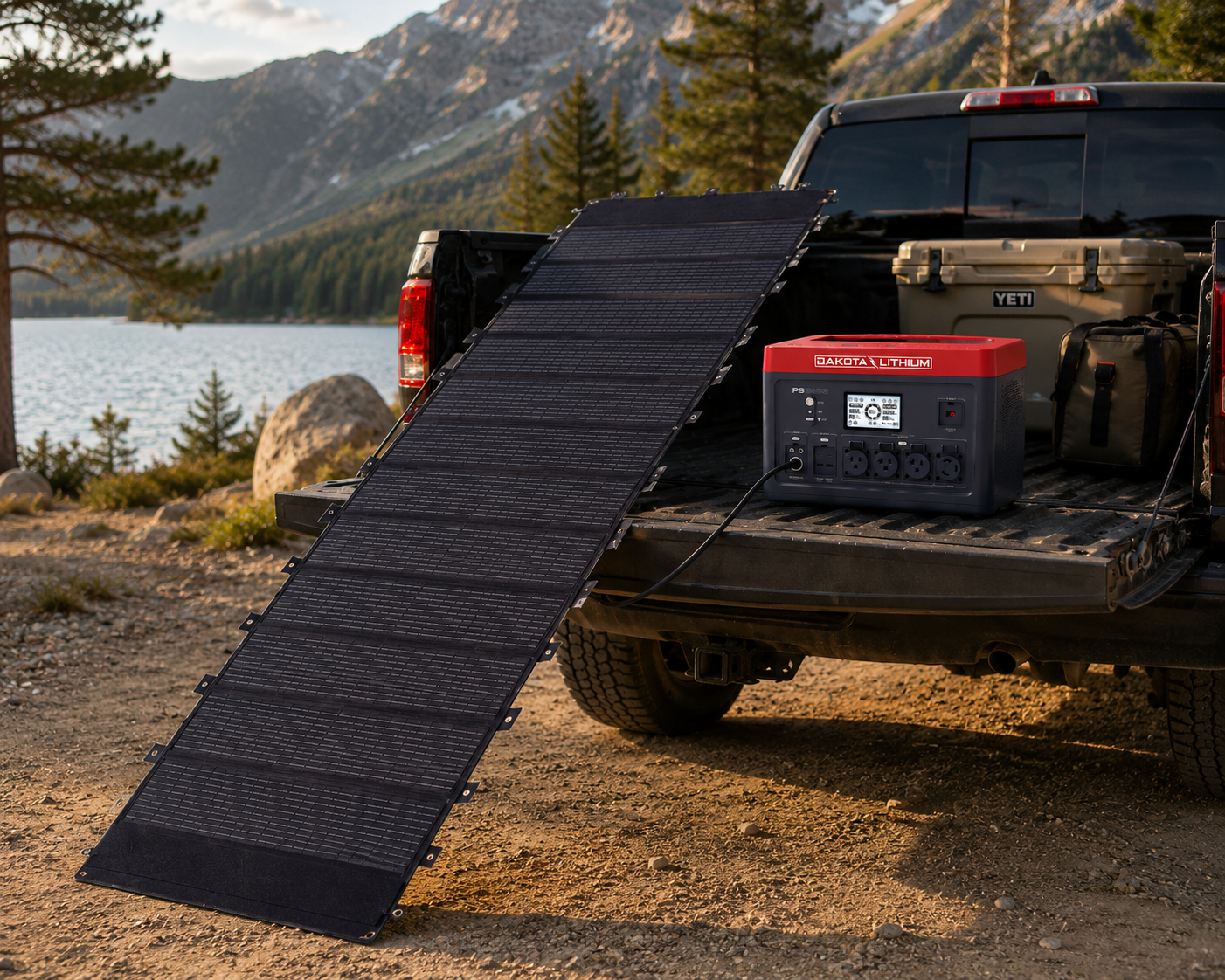 Dakota Lithium PS2400 Solar Generator Kit with folding solar panel at a campsite