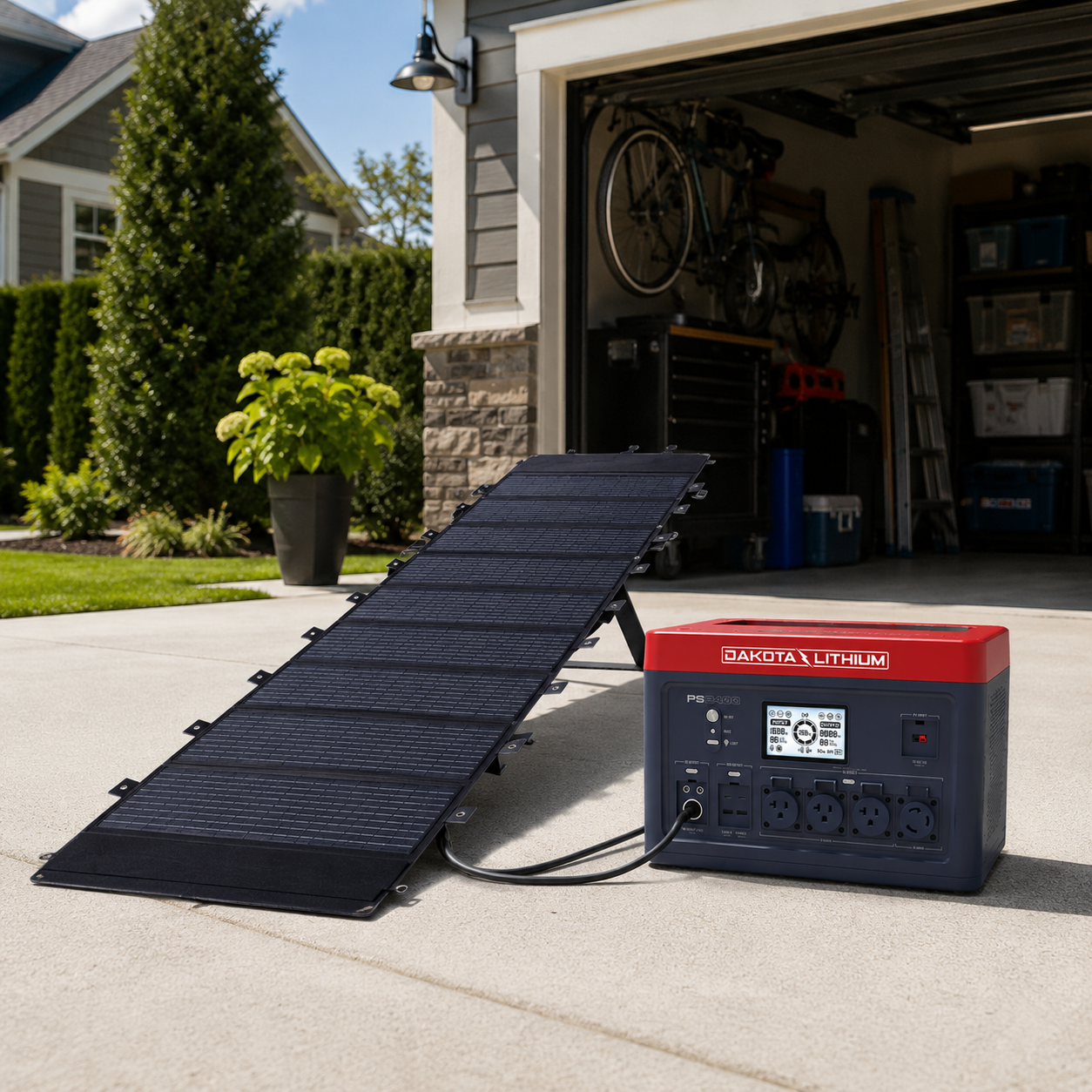Dakota Lithium PS2400 Solar Generator Kit powering devices outside a home