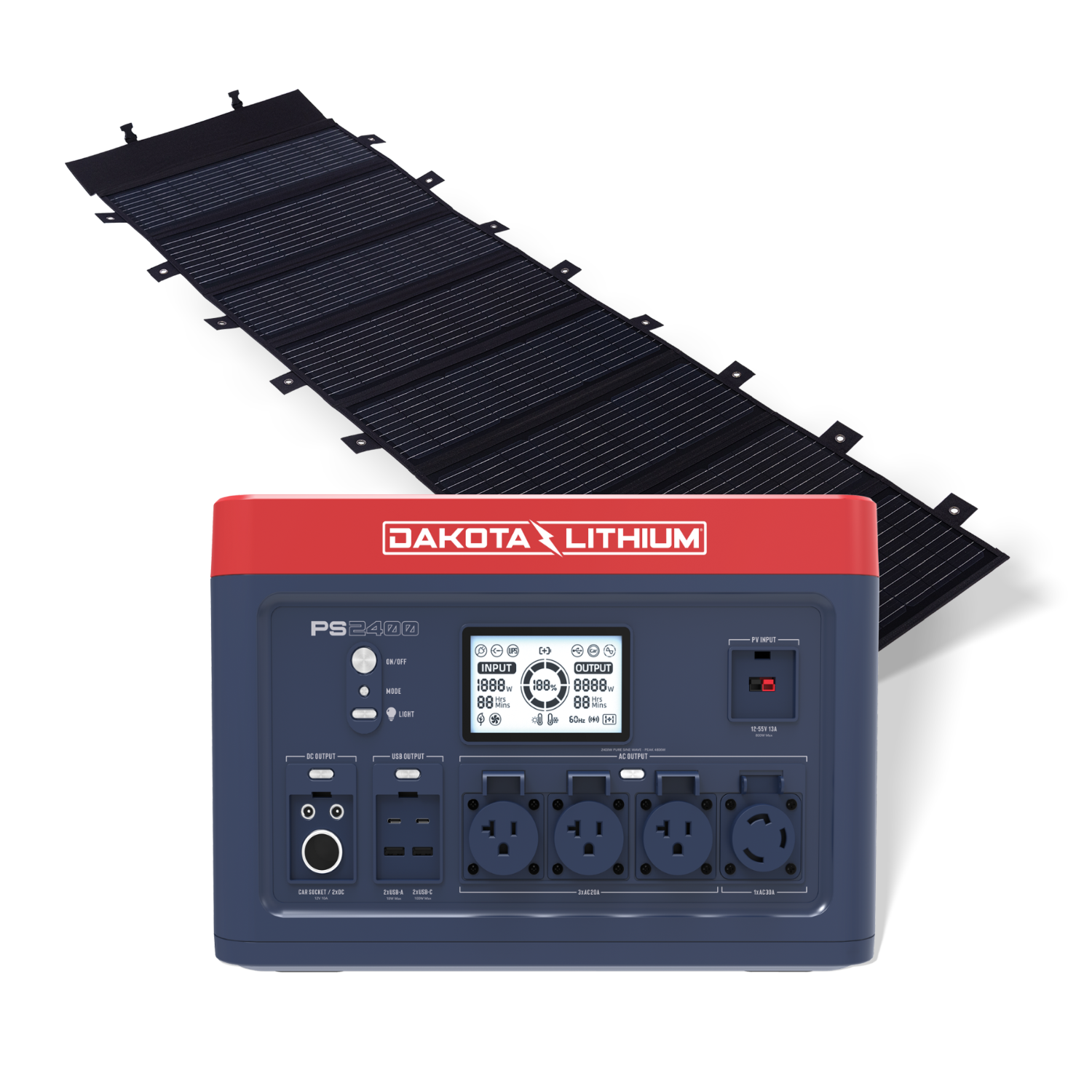 Front view of the Dakota Lithium PS2400 Solar Generator Kit with folding solar panel