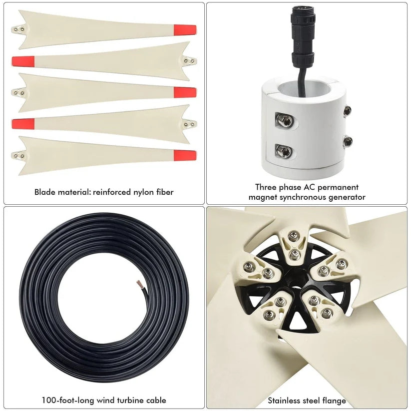 Components included with the Nature's Generator 150W wind turbine including blades, cable, controller and hardware