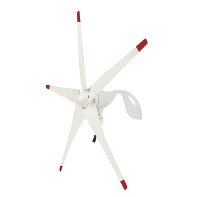 Front left side view of the Nature's Generator 150W wind turbine with five aerodynamic blades