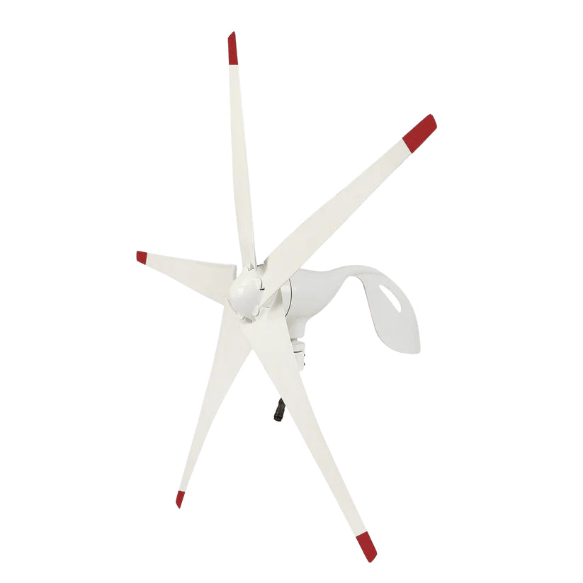Front left side view of the Nature's Generator 150W wind turbine with five aerodynamic blades