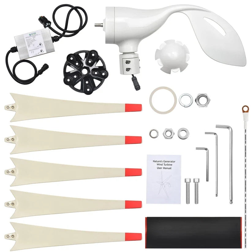 Nature's Generator 150W wind turbine kit including blades, controller, mounting hardware and accessories