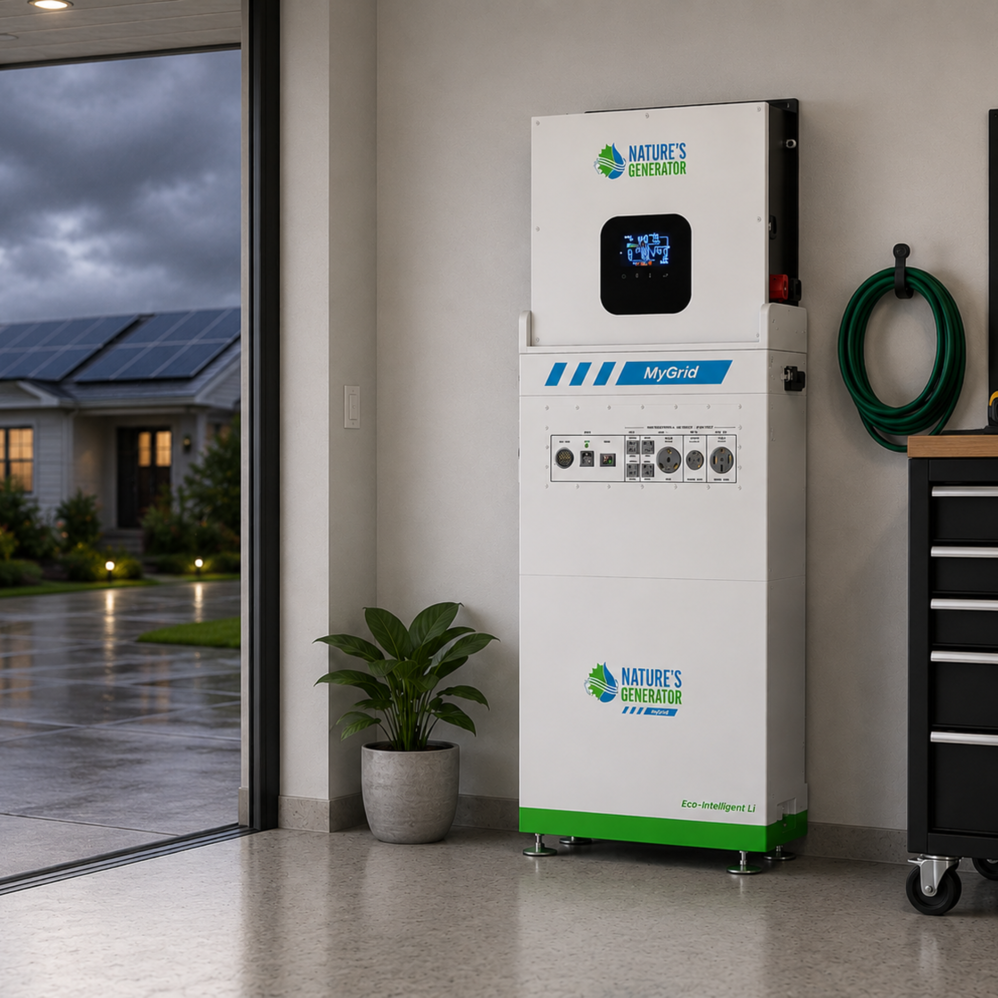 Nature's Generator MyGrid 10K whole home backup generator installed in a residential garage during a power outage