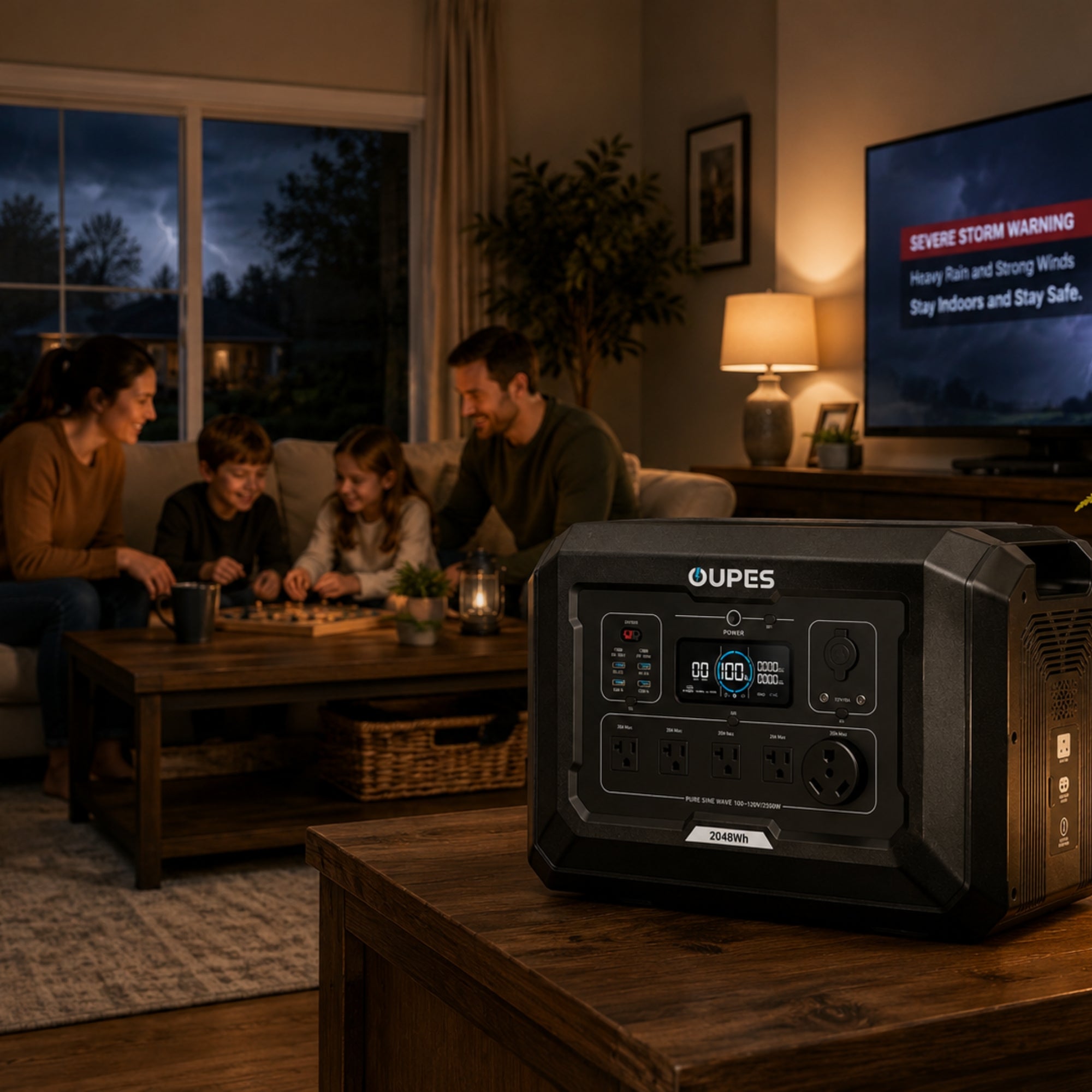OUPES Mega 2 home backup power station powering household electronics during a power outage
