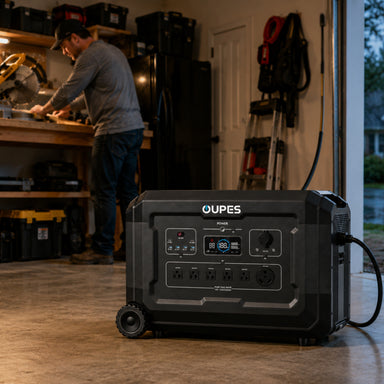 OUPES Mega 3 home backup power station powering tools in a residential garage