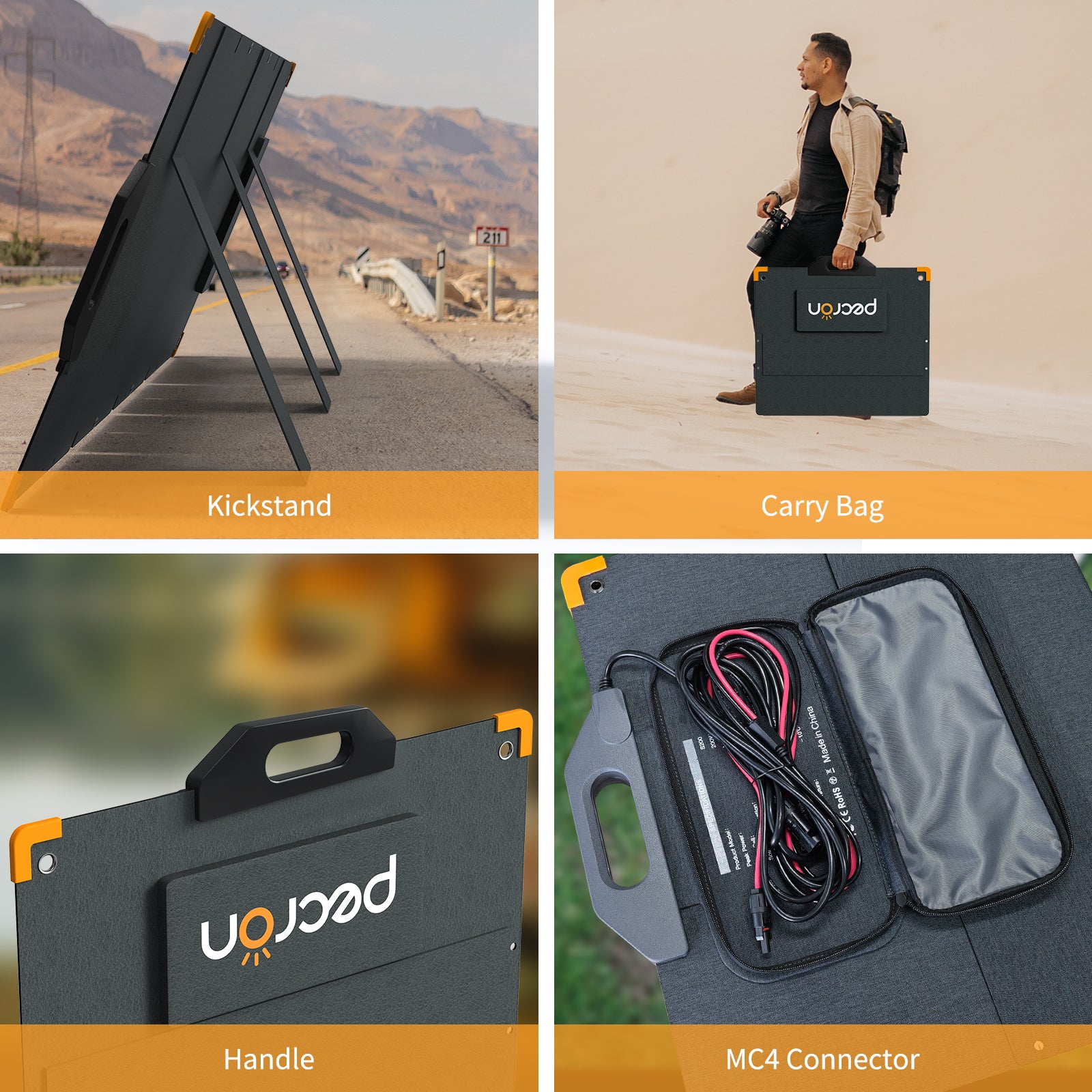 PECRON Aurora200 200W portable solar panel showing kickstand, carry bag, handle and MC4 connectors
