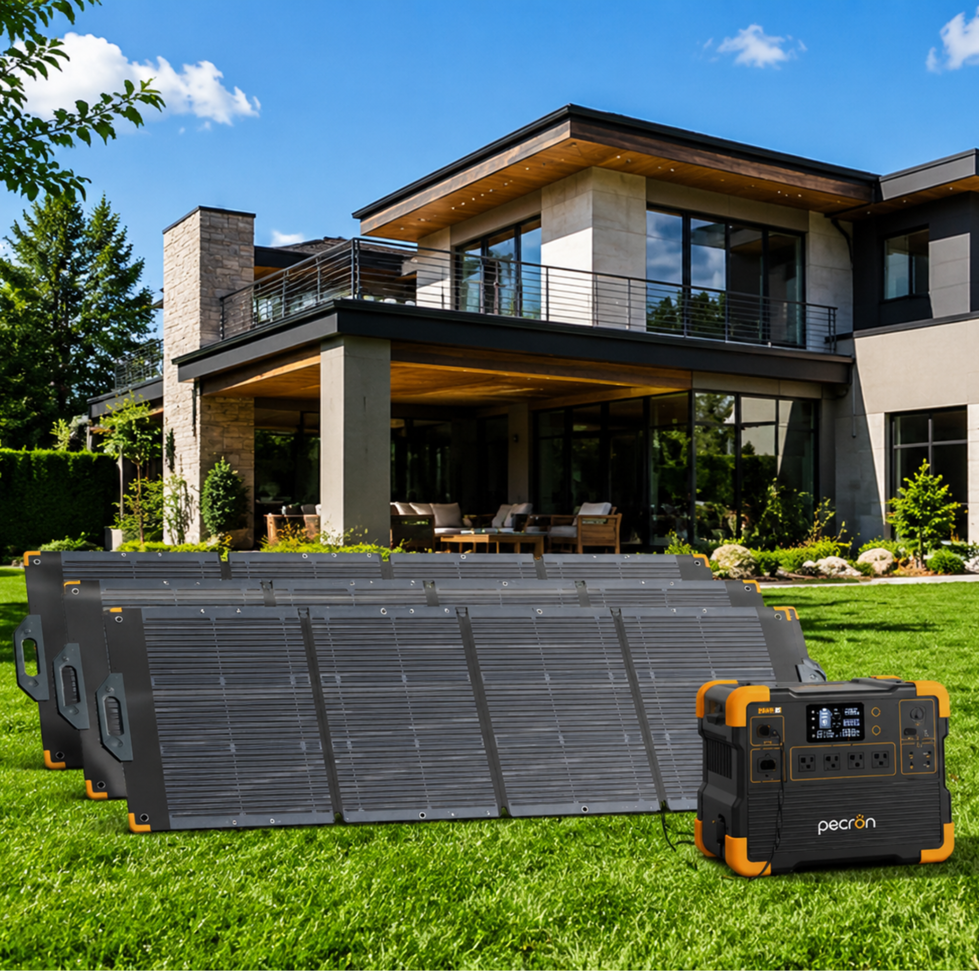 PECRON Aurora200 200W portable solar panel powering a PECRON power station outside a modern home