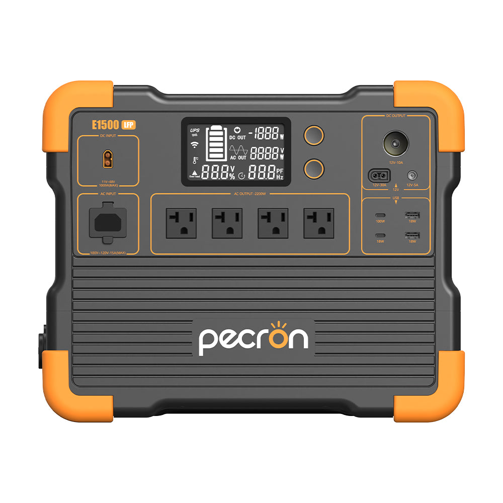 Front view of the PECRON E1500LFP portable power station showing output ports
