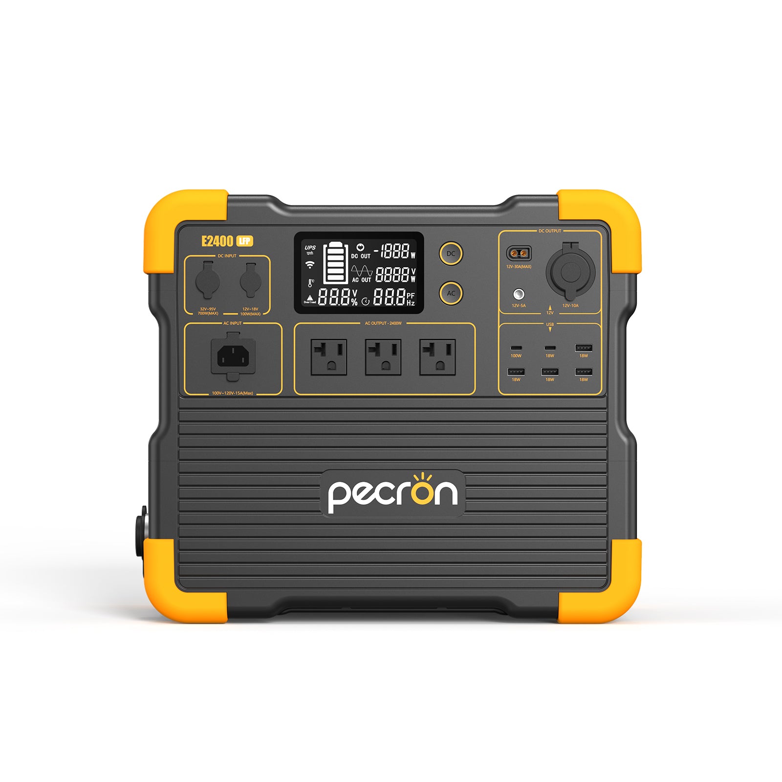Front view of the PECRON E2400LFP home backup power station showing output ports