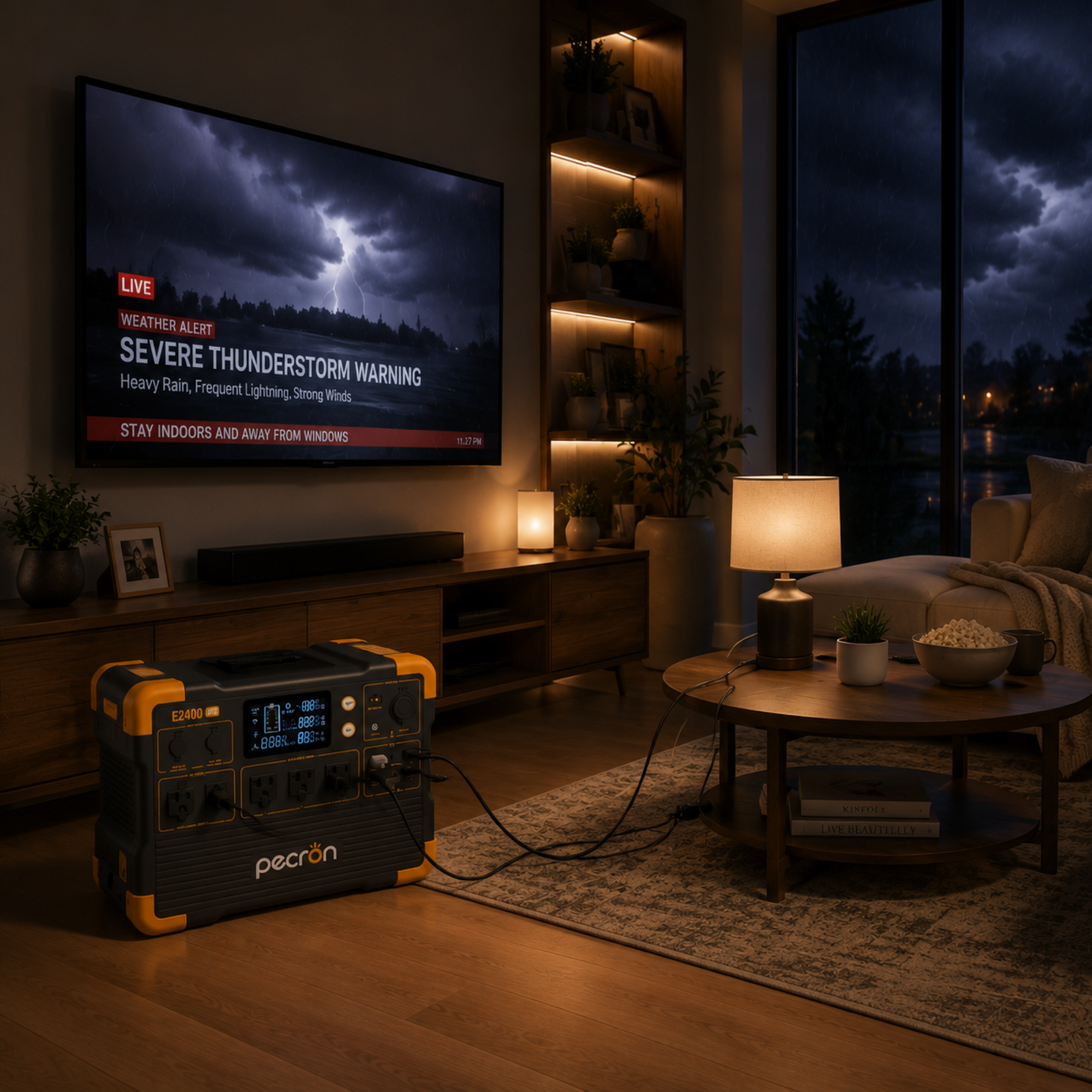 PECRON E2400LFP home backup power station powering electronics in a modern living room during a storm
