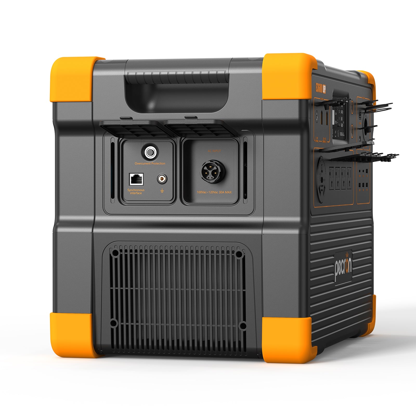 Left side view of the PECRON E3600LFP portable power station showing outputs