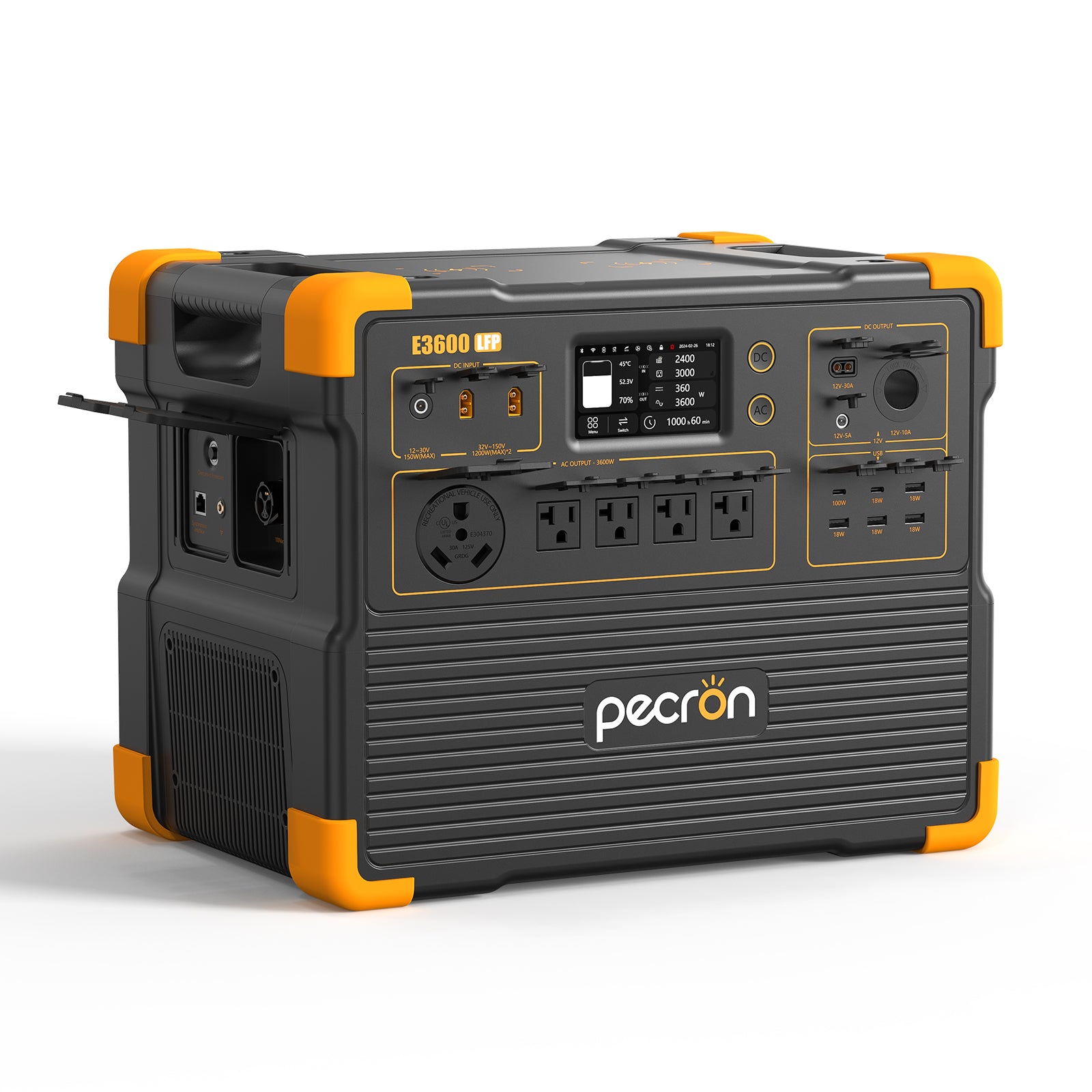 Angled right view of the PECRON E3600LFP portable power station showing connector unit side compartments