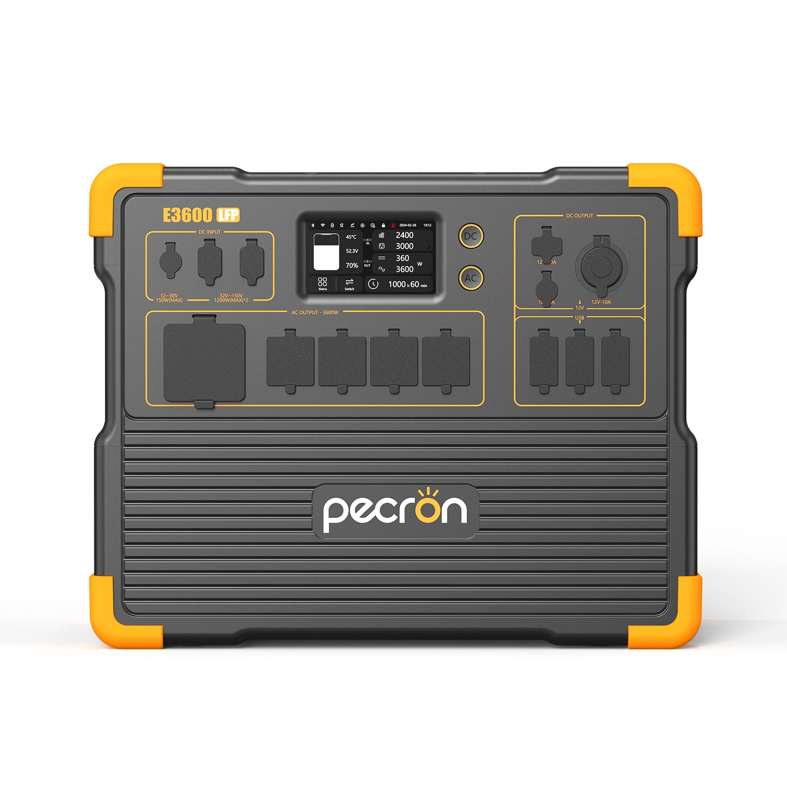 Front straight on view of the PECRON E3600LFP portable power station showing output ports