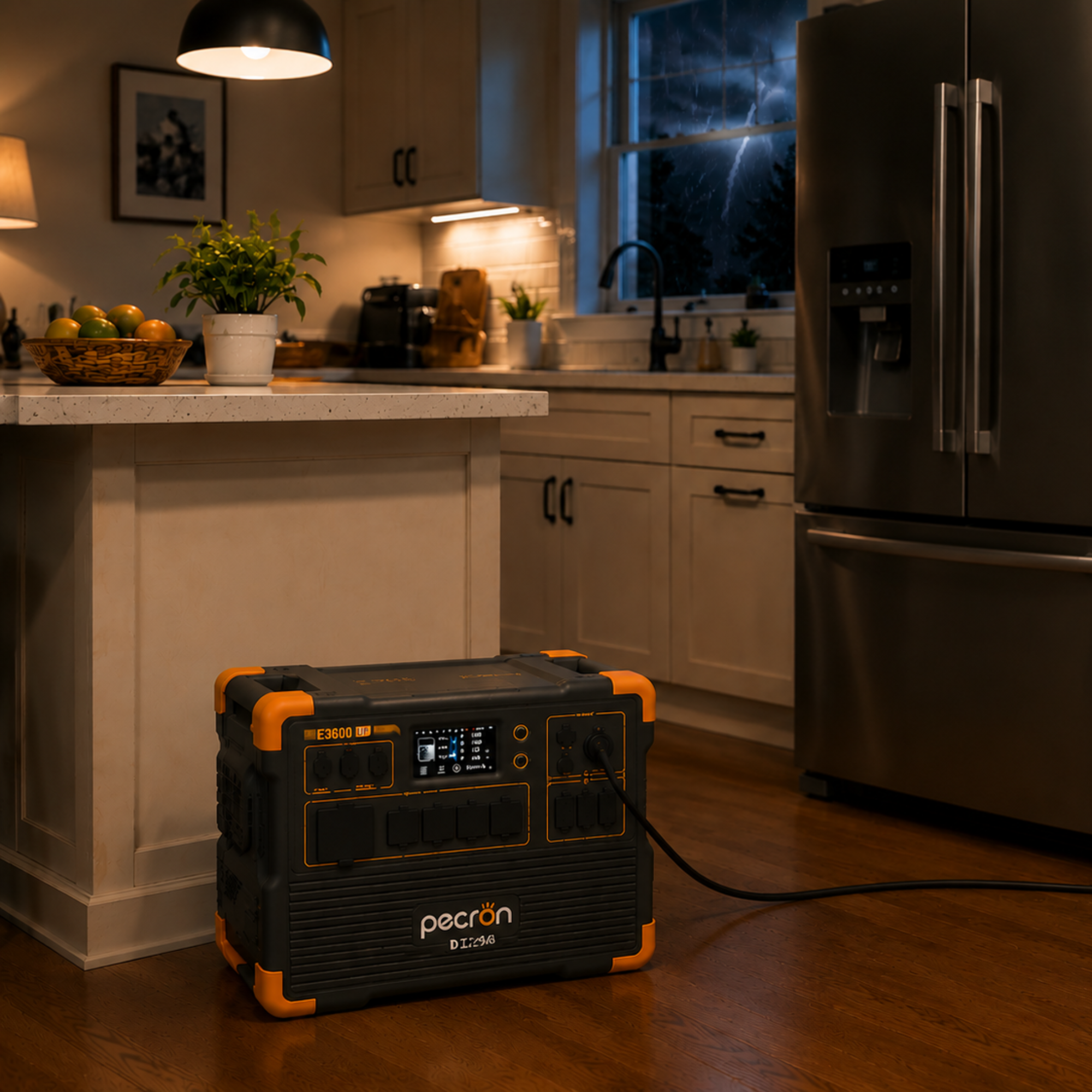 PECRON E3600LFP portable power station powering a kitchen during a power outage