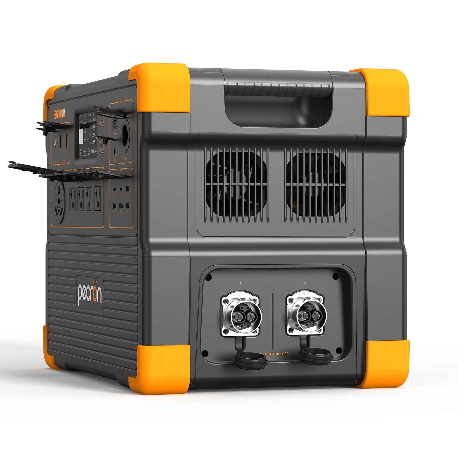 Right side view of the PECRON E3600LFP portable power station showing expansion battery outputs and cooling fans