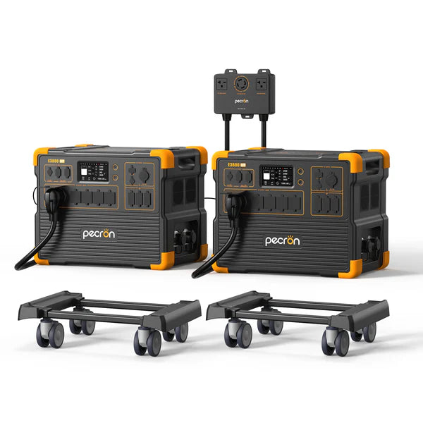 PECRON E3800LFP dual portable power stations for increased capacity connected to transfer switch