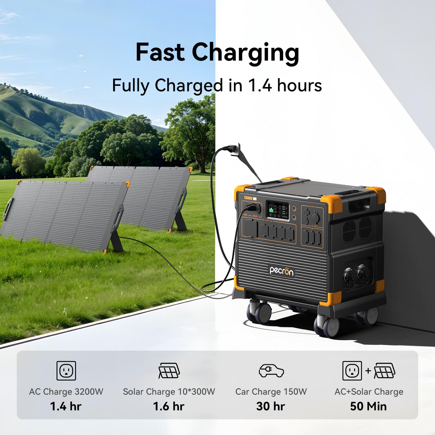 PECRON E3800LFP portable power station fast charging with solar panels