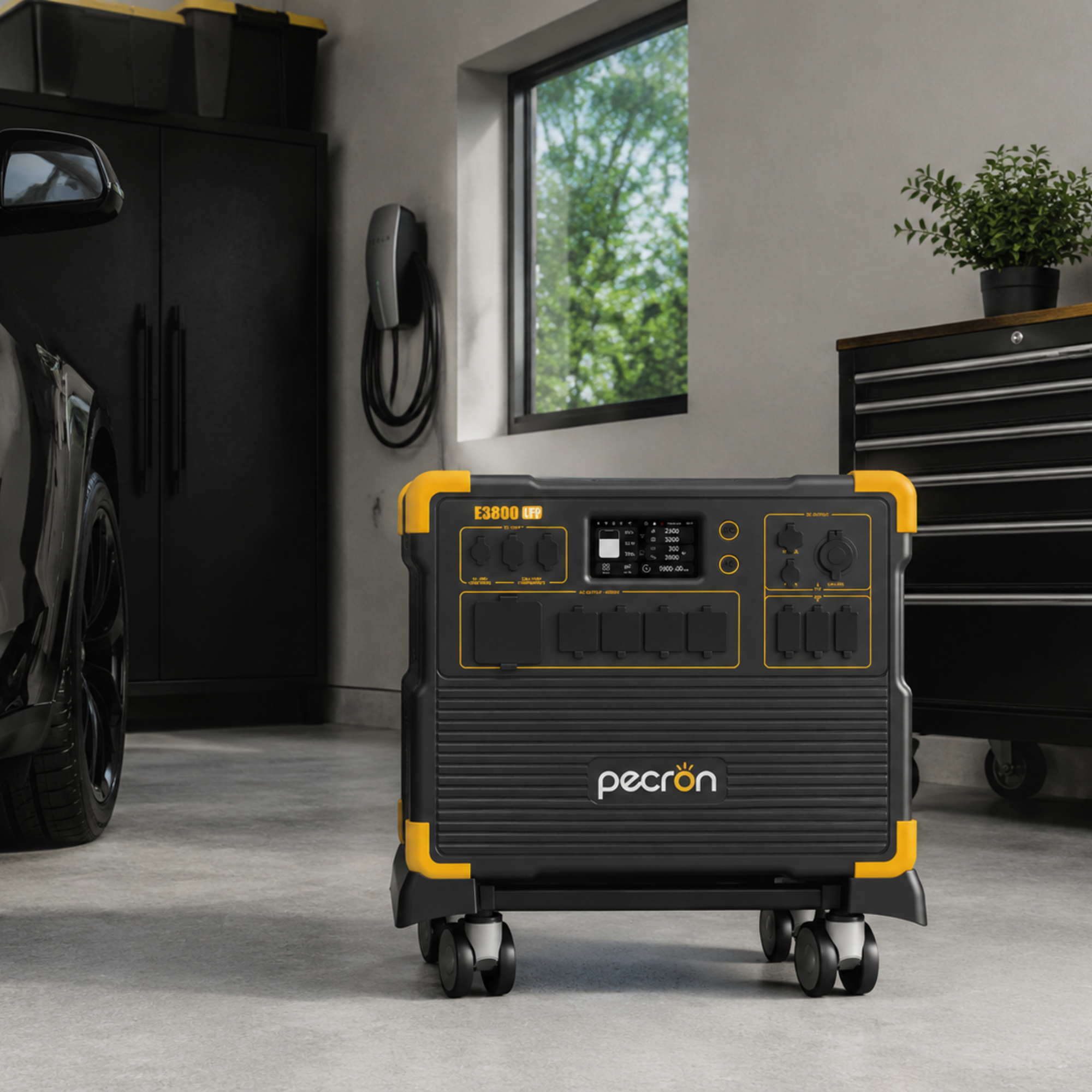 PECRON E3800LFP portable power station in a garage ready for home backup power