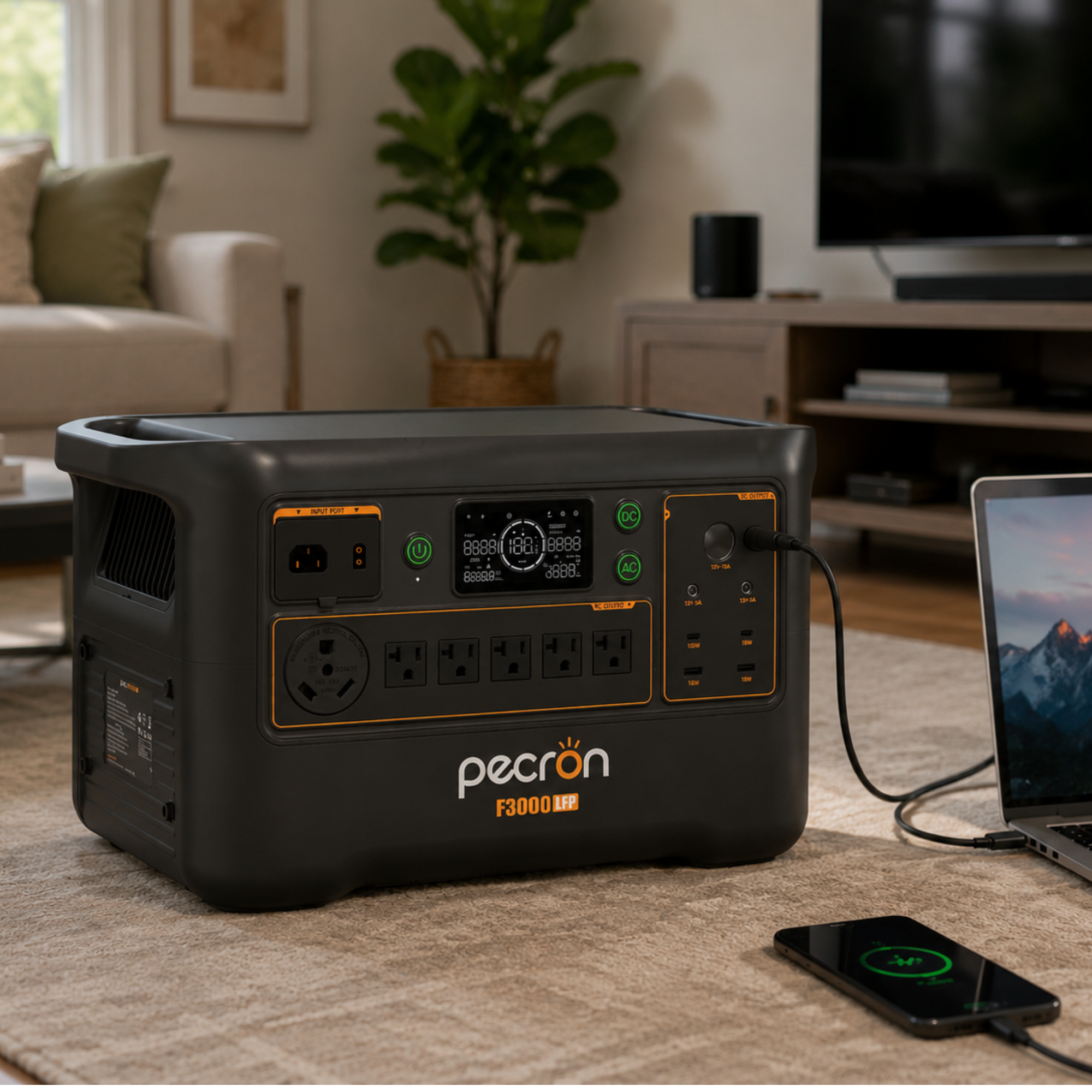 PECRON F3000LFP portable power station powering home electronics during a power outage