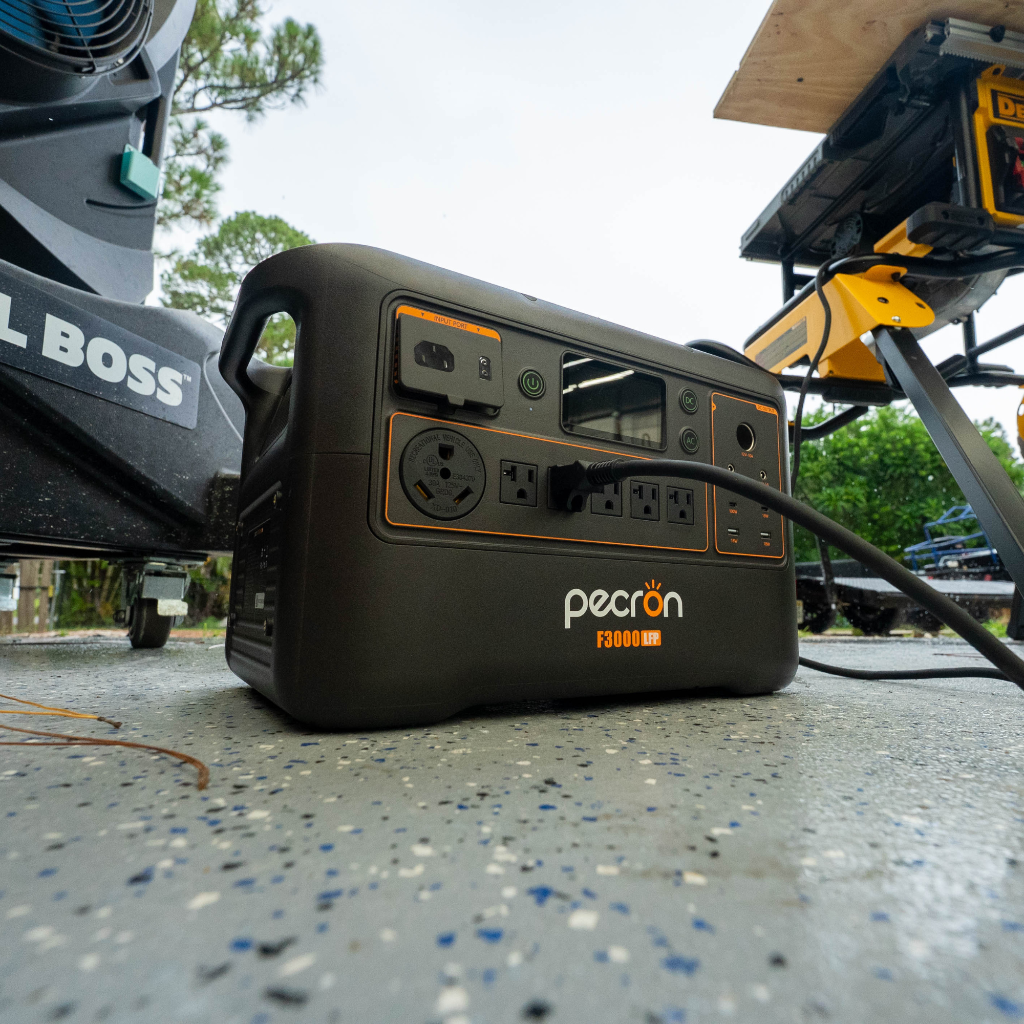 PECRON F3000LFP portable power station powering equipment outdoors